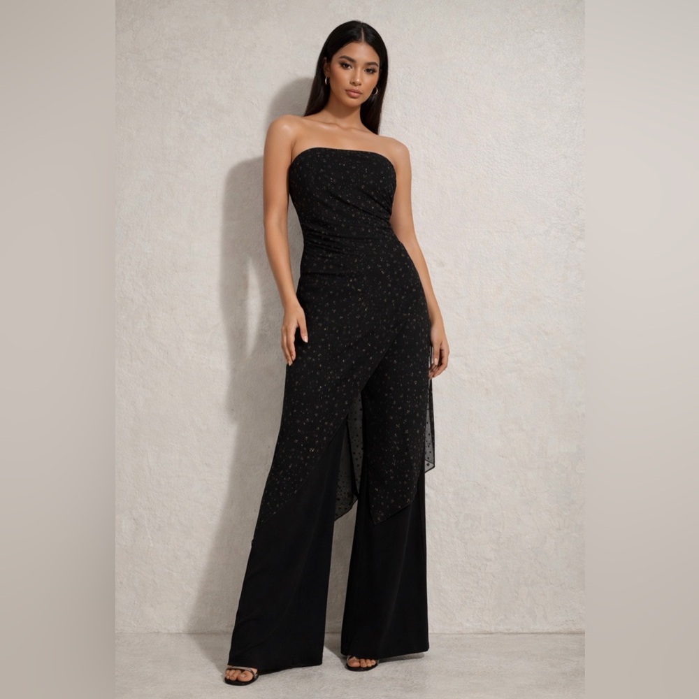 Vintage 90s/Y2K Black /‎ Silver Strapless Wide Flare Leg Jumpsuit Mesh Overlay S